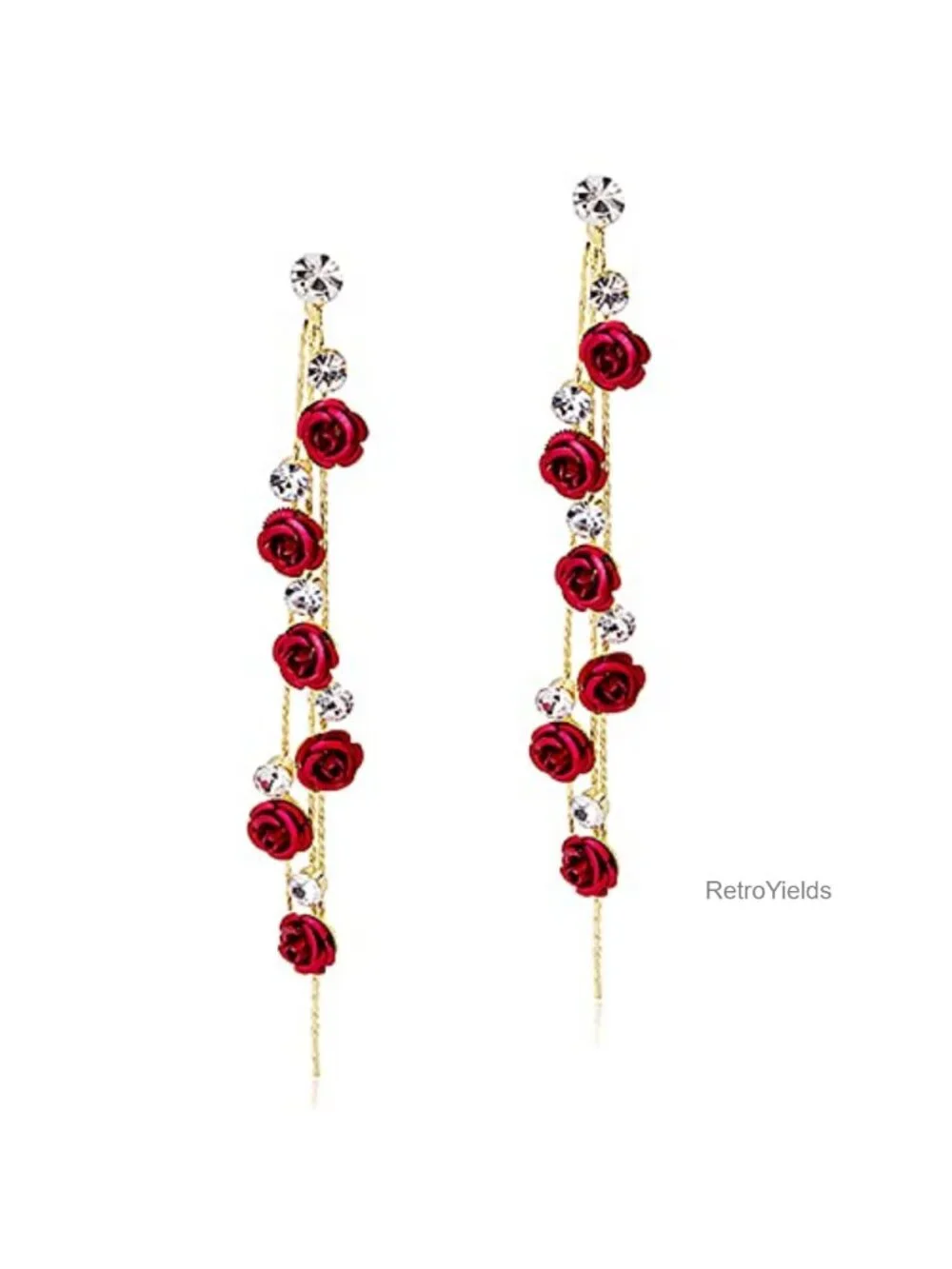 Long Tassel Chain Flower Dangle Drop Stud Earrings with White Crystal for Women